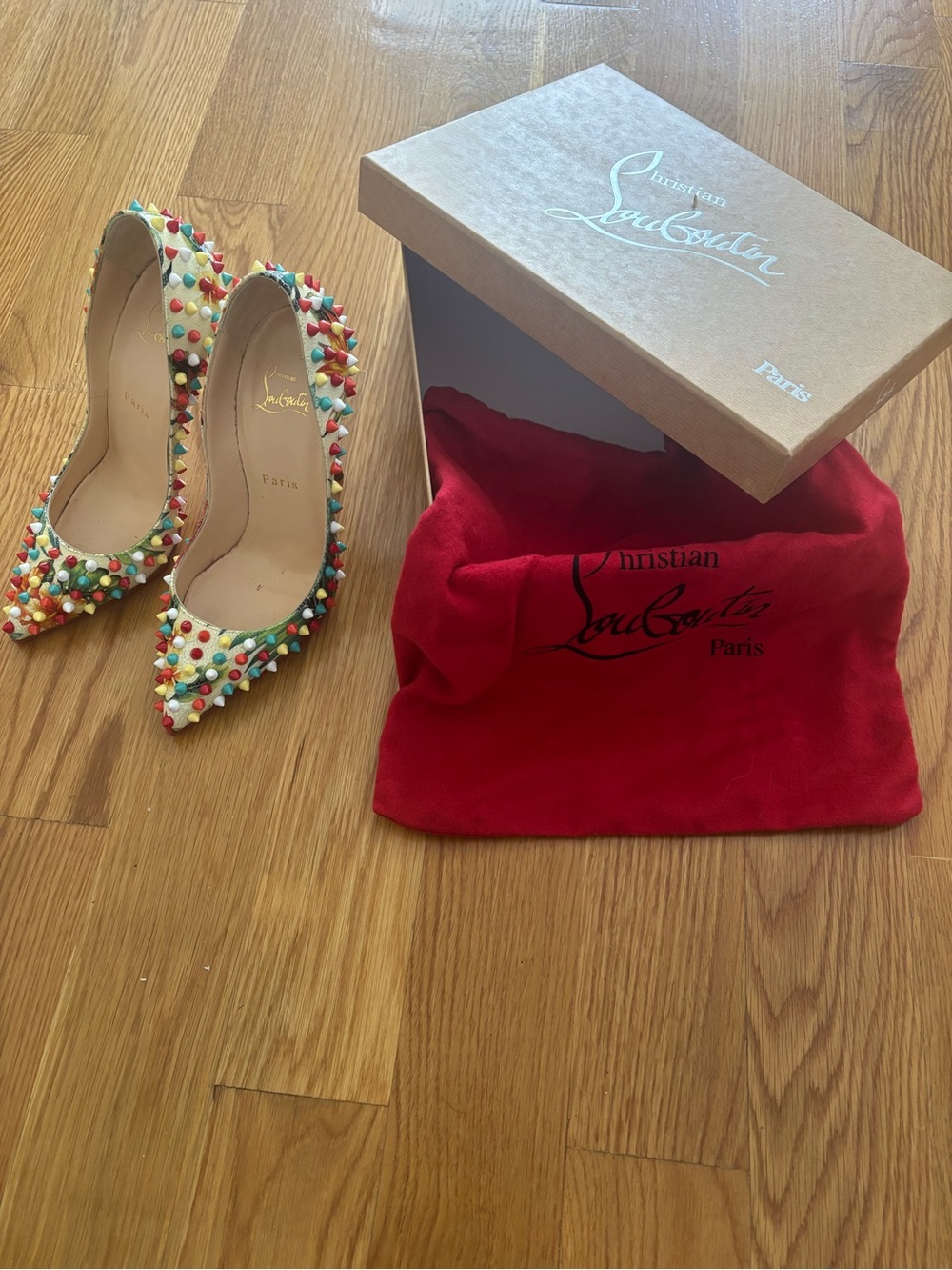 Christian Louboutin Hawaii Multicolor Follies Spike 120 Pointed Toe Pump 37.5 - Picture 3 of 11